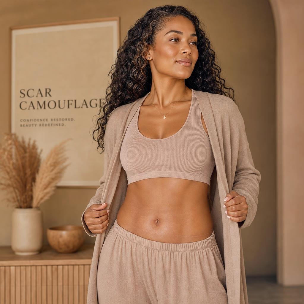 Confident light brown skin tone woman in the Aura by Laura NYC space after surgery scar camouflage treatment